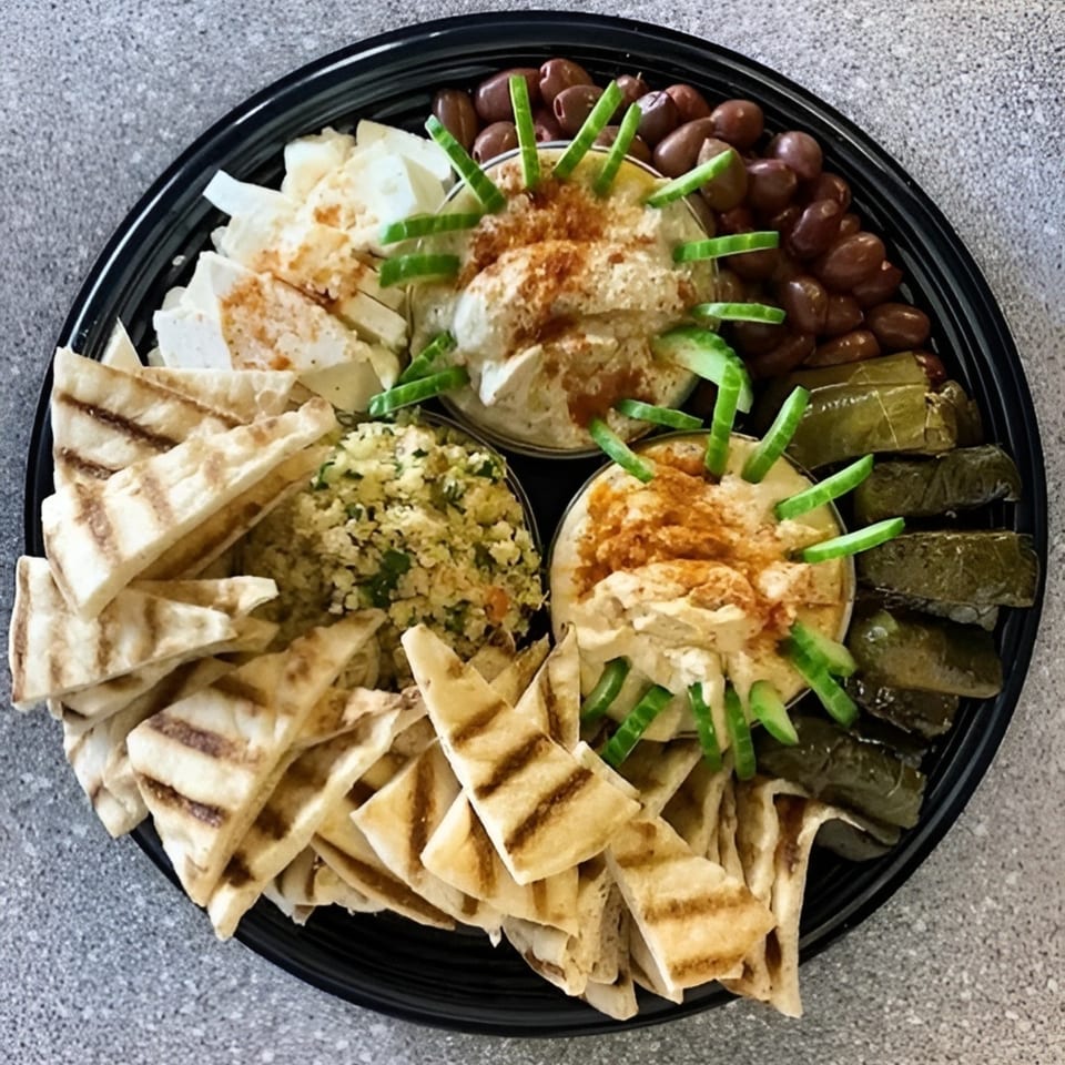 A large platter of hummus, pita bread, feta cheese, olives, and stuffed grape leaves.